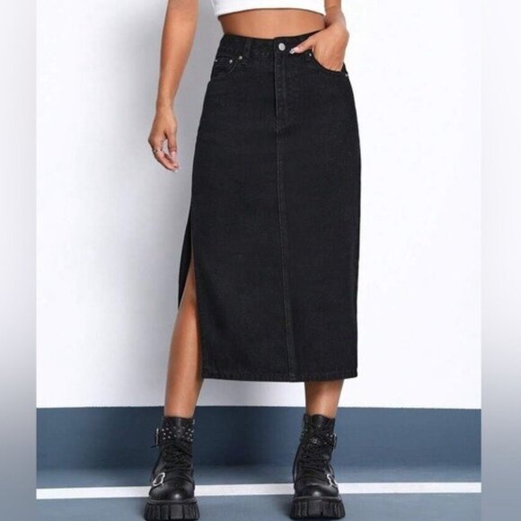 Shein Black Denim Pencil Skirt 6 Midi High Side Slit Stretch Jeans - Picture 4 of 14